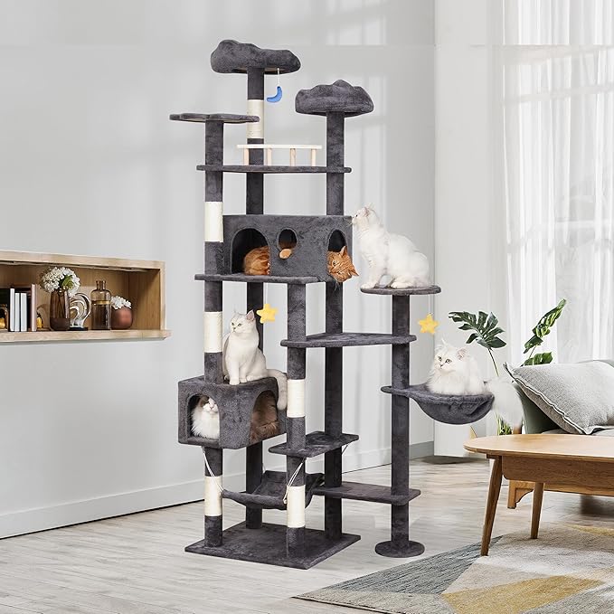 85in Giant Cat Tree for Heavy Duty Big Cats, Large Cat Trees with Scratching Post, Cat Tree Tower with Cat Condos, Hammock & Plush Perch for Maine Coon, Smoky Gray-PurrikoPets