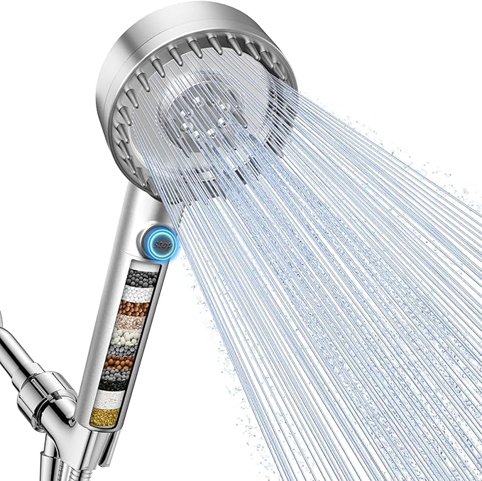 Filtered Shower Head with Handheld, High Pressure 4 Spray Mode Showerhead with Filters, Water Softener Beads for Hard Water with ON/OFF Switch for Pets - Remove Chlorine (Silver, 5 inch Panel)-PurrikoPets