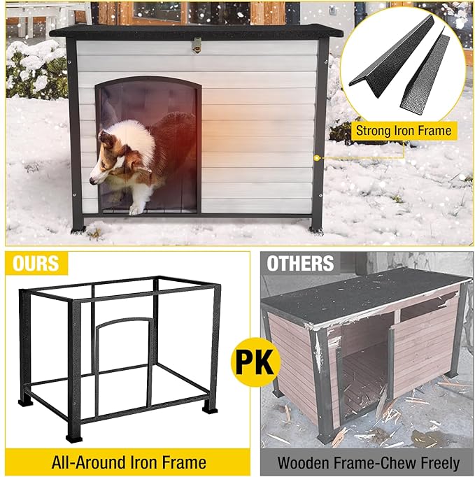 Aivituvin Dog House Outdoor with Insulated Liner, Weatherproof Dog House for Winter, Suitable for Small & Medium & Large Dogs with Unique All-Around Iron Frame(Off-White)-PurrikoPets