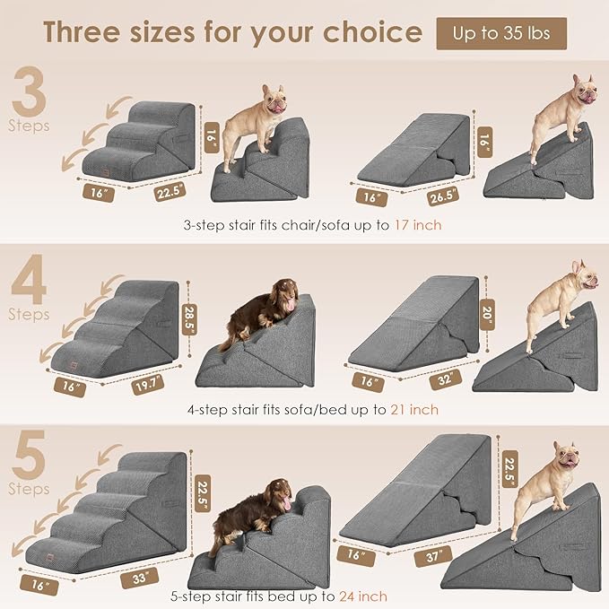 EHEYCIGA Curved Foldable Dog Stairs Ramp for Small Dogs 16" H, 3-Step Dog Steps for Couch Sofa and Chair, Pet Stairs for Cats, Non-Slip Balanced Pet Steps Indoor, Grey-PurrikoPets