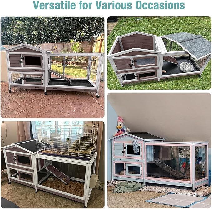 62" Rabbit Hutch with Chew-Proof Ramp & Waterproof Roof - Indoor/Outdoor Bunny Cage, 2-Story Design, 6 Lockable Caster Wheels & Dual Pull-Out Trays (Brown)-PurrikoPets