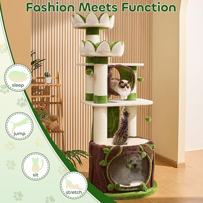 73‘’ Tall Flower Cat Tree for Indoor Cats Large Adult, Luxury Cat Tower with Scratching Post, Heavy Duty Modern Cat Furniture for Large Cats, Removable Mats, Multi-Level Cat House with Toy Ball-PurrikoPets