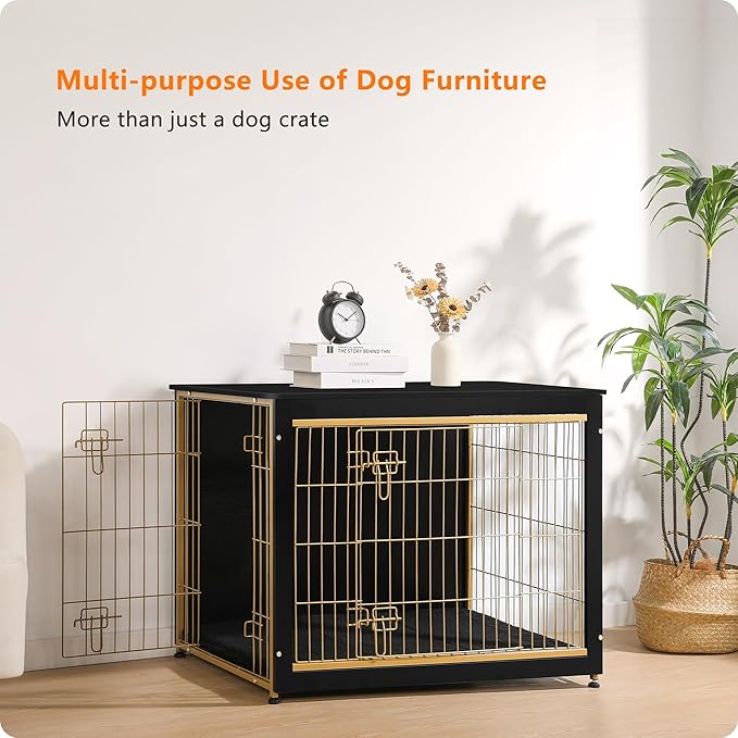 DWANTON Dog Crate Furniture with Cushion, Wooden Kennel Table with Double Doors, Indoor Dog House, Large Size, 38.5" L, Black+Gold-PurrikoPets