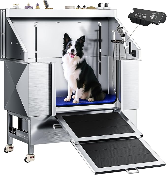 50" Dog Washing Station - 304 Stainless Steel, 27.4" Wide Ramp, Water-Storing Dog Bathing Station w/Swivel Wheels, Pet Proof Faucet, 2 Drawers, Dog Bathtub for Medium & Small Dogs-PurrikoPets