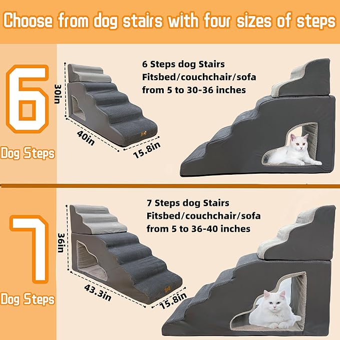 7-Step Dog Stairs for 36 Inch High Beds Small Dogs, Pet Ramp Stairs 20-42 Inch Couch Bed, Non-Slip Balanced Stairs 75lbs for Small Old Large Dogs Cats to Get on Bed-PurrikoPets