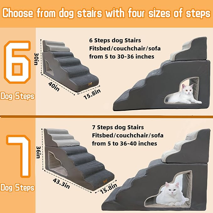 dog stairs for small dogs to 30 inches high beds, 6 step dog ramp stair for 18-36 inches couch-bed,pet stairs for small old meduim large dogs cats,Non-Slip balanced 6 tiers ladder,75 pounds Studry 33D-PurrikoPets