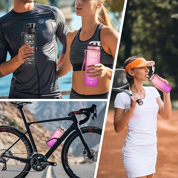 Enerbone Water Bottle, Leakproof BPA & Toxic Free, Motivational Water Bottle with Times to Drink and Straw, Fitness Sports Water Bottle with Strap for Office, Gym, Outdoor Sports-PurrikoPets