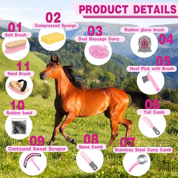 Abbylike 12 Pieces Horse Grooming Kit Racing Festival Tack Room Supplies Horse Brush Sets Equine Care Cleaning Kit Shedding Grooming Massaging Tools(Pink and Grey)-PurrikoPets