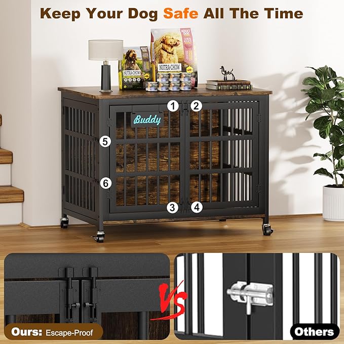 EasyCom 41"/33"/27" Dog Crate Furniture with Name Tag, Heavy Duty Dog Kennel Indoor for Medium Dogs, Double-Doors Sturdy Metal Dog Cage for Anxiety Dog, Decorate House as TV Stand, End Table-PurrikoPets