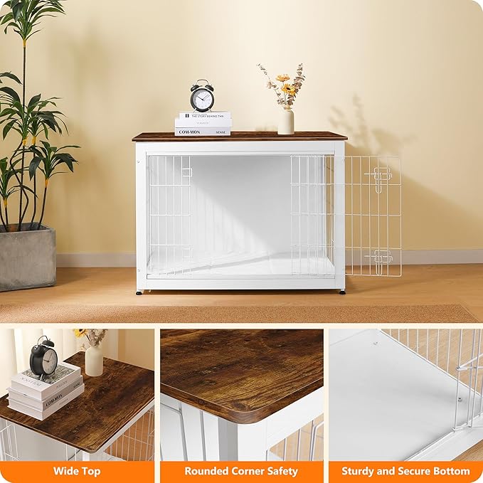 DWANTON Dog Crate Furniture with Cushion, Wooden Kennel Table with Double Doors, Indoor Dog House, Large Size, 38.5" L, White+Rustic Brown-PurrikoPets
