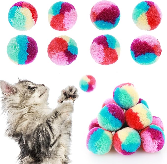 1.2 in Colorful Cat Pom Pom Ball Toys, 20 Pcs Rainbow Cat Toy Balls Soft Plush Cat Ball Interactive Training Ball for Indoor Cats & Kittens-PurrikoPets