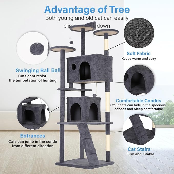FDW Cat Tree Tower 81in Multi-Level Durable Cat Scratching Post & Cozy Fun Jumping Platform Space Saving Condo Pet Play House for Indoor Cats,Dark Gray-PurrikoPets
