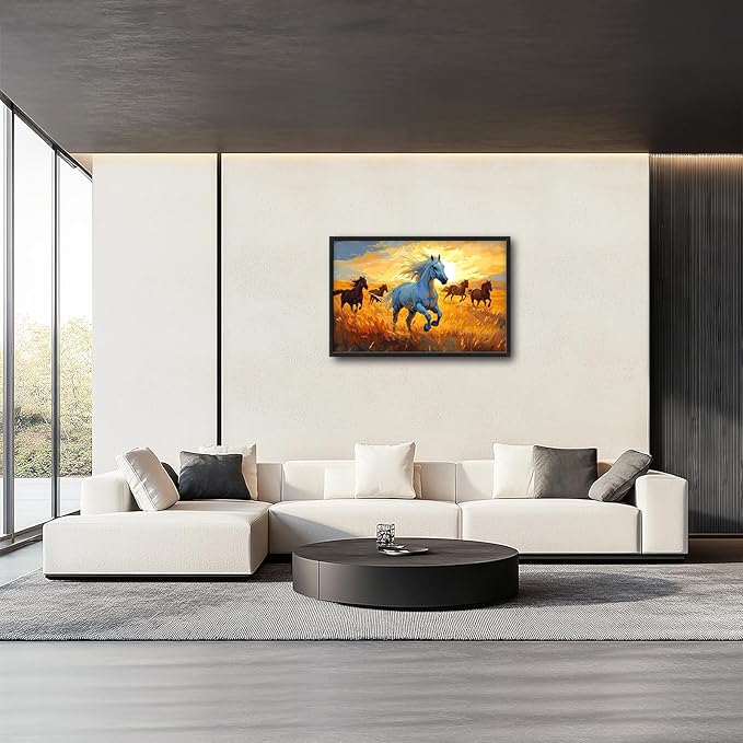 Framed Large Horse Wall Art for Living Room, Oversized Running Horses Wall Decor, Sunset Field Landscape Canvas Painting Home Decoration for Living Room Bedroom Dining Room Office 36"x24"-PurrikoPets