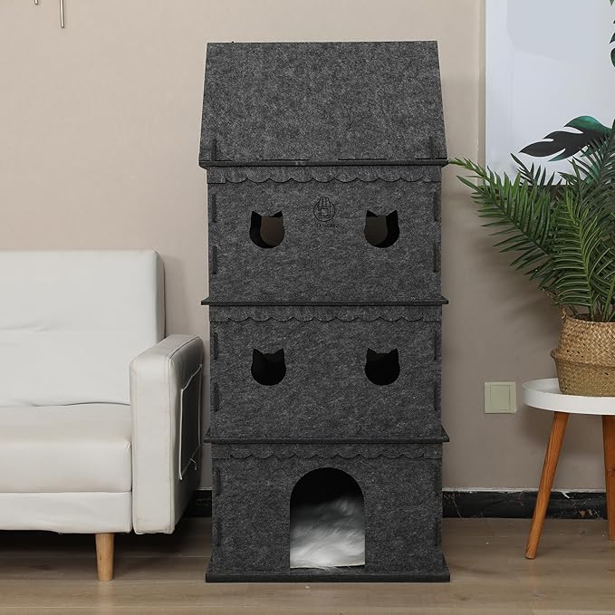 4-Tier Indoor Cat Apartment，Cozy Pet Cat Bed, Hideaway, and Sturdy Cat Castle for Multiple and Large Cats-PurrikoPets