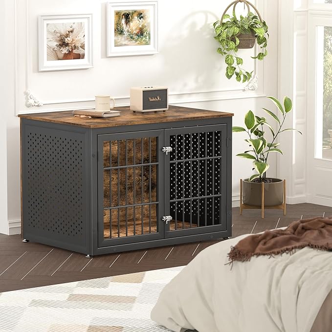 42" Heavy Duty Dog Crate Furniture for Large and Medium Dogs, Enclosed Design Wooden Metal Kennel, Wooden Cage Furniture Indoor, Decorative Dog Kennel End Table-PurrikoPets
