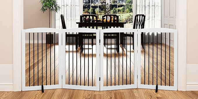 Freestanding Pet Gate - Foldable Wooden Dog Gate, 80 Inch Wide, 4 Panels, White-PurrikoPets