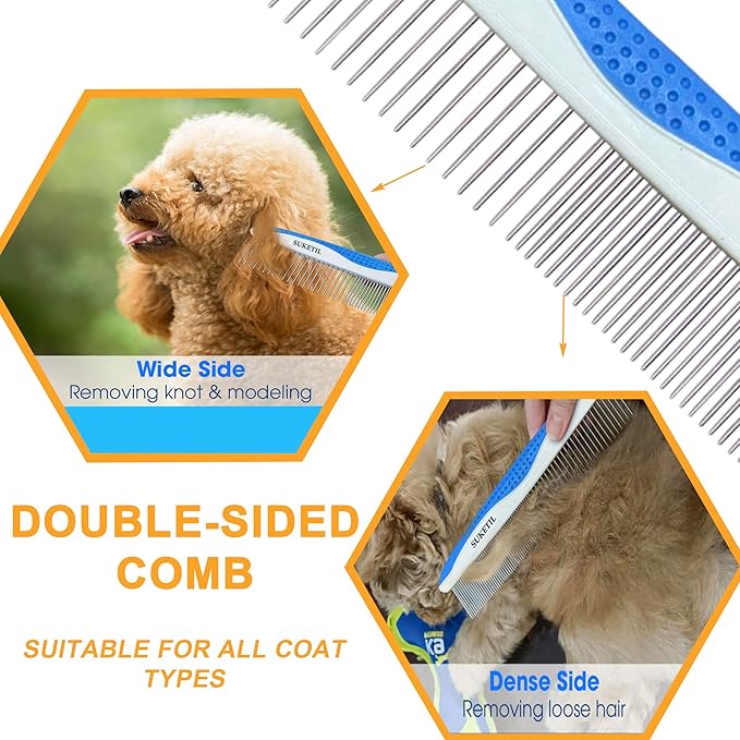 Dog Grooming Comb for Matting, Dog combs for grooming matting, Dematting Comb for Dogs and Cat with Stainless Steel Teeth & Non-Slip Handle (Style 1- Blue)-PurrikoPets