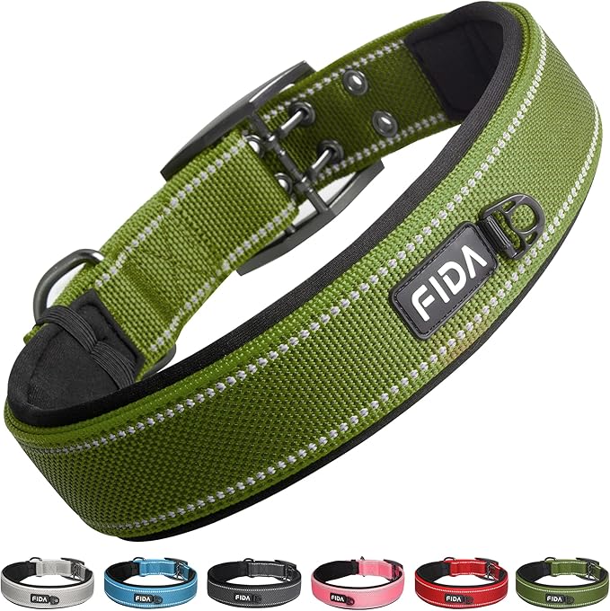 Fida Heavy DutyDog Collar for Large Dogs, Ultra Comfortable Soft Neoprene Padded, Adjustable Reflective Nylon Pet Collar with Durable Metal Belt Buckle for Extra Large Breeds(XL, Green)-PurrikoPets