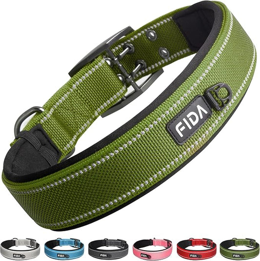 Fida Heavy DutyDog Collar for Large Dogs, Ultra Comfortable Soft Neoprene Padded, Adjustable Reflective Nylon Pet Collar with Durable Metal Belt Buckle for Extra Large Breeds(XL, Green)-PurrikoPets