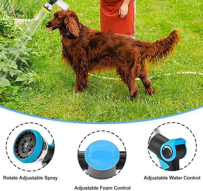 Dog Washing Hose Attachment, 10-in-1 Soap Sprayer Moden Garden Hose Nozzle with 100cc Soap Dispenser, Dog Wash Supplies with Dog Bath Brush & Pet Comb, Foam Gun Car Wash Sprayer (Blue)-PurrikoPets