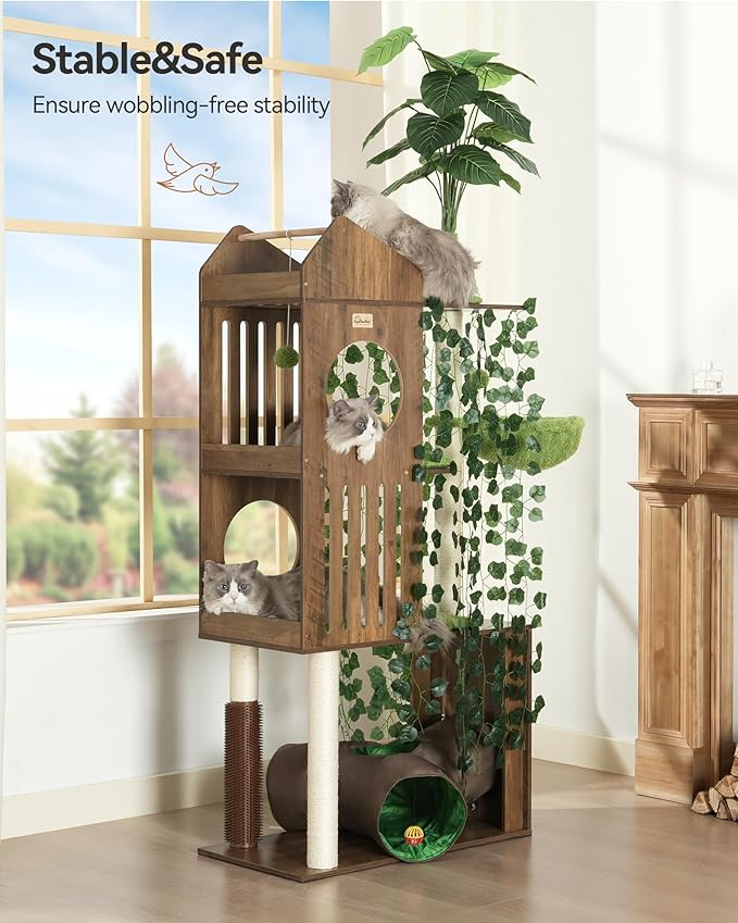 FourFurPets Large Cat Tree with Leaves, 72.8-Inch Cat Tower for Indoor Cats, Modern Cat Tree with Scratching Post, Large Perch, Tunnels, Swing Ball, Self Groomer, Greige-PurrikoPets