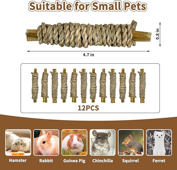 Fhiny 12 PCS Rabbit Chew Sticks, Natural Papaya Wood Seagrass Guinea Pig Chew Toys for Teeth Small Animal Molar Sticks Snacks for Bunny Guinea Pig Chinchilla Ferret Hamster Gerbil Dental Care-PurrikoPets