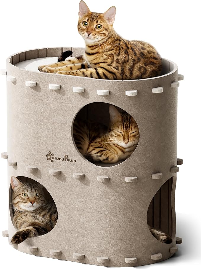 DownyPaws Cat House for Indoor Cats, 2-Storey Foldable Cat Bed Cave, Felt Cats Tunnel Bed Condo, Castle Kitten Cube Hideaway for Multicats, Scratch Resistant, Cream-PurrikoPets