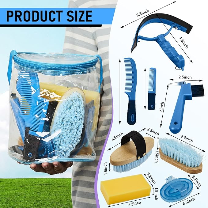 9 Pieces Horse Grooming Kit Tack Room Supplies Set with Organizer Tote Bag, Oval Massage Curry, Hard and Soft Brush, Hoof Pick, Sweat Scraper, Bathing Sponge, Combs for Horse Riders Beginners (Blue)-PurrikoPets
