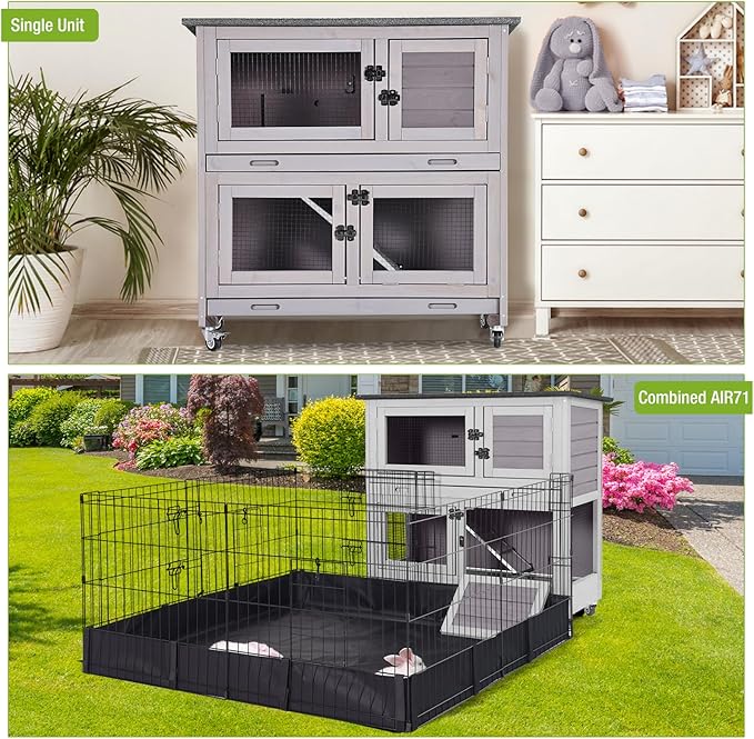 2 Story Rabbit Hutch Indoor Outdoor Rabbit Bunny House Guinea Pig Cage Wooden Pet House for Small Animals with 2 Large Rooms, Chewproof Ramp, Ventilation Door, Removable Trays (Grey)-PurrikoPets