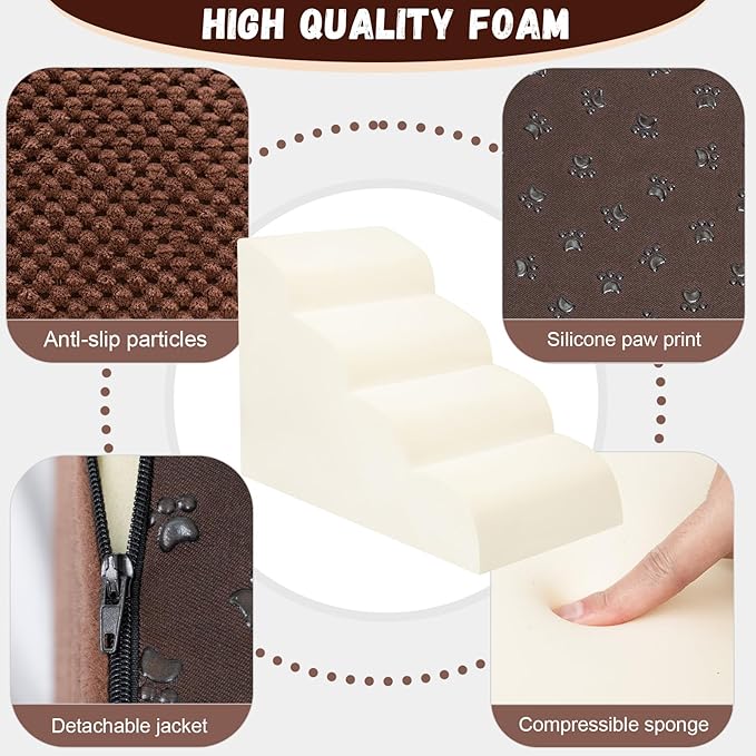 Dog Stairs for Small Dogs - High Density Foam Pet Steps, Extra Wide Dog Ramp with Non-Slip Bottom for High Beds, Couch and Sofa, Best for Dogs Injured, Older Doggy Cats,4 Steps, Brown-PurrikoPets