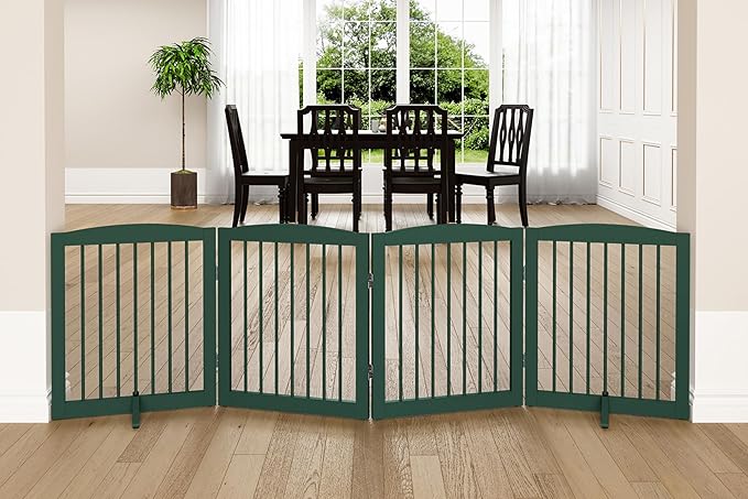 Freestanding Pet Gate for Dogs, Foldable Wooden Dog Gate for House, Indoor Dog Gate for Stairs, Doorways, Step Over Pet Puppy Safety Fence, 80 Inch Wide, 4 Panels 24", Green-PurrikoPets