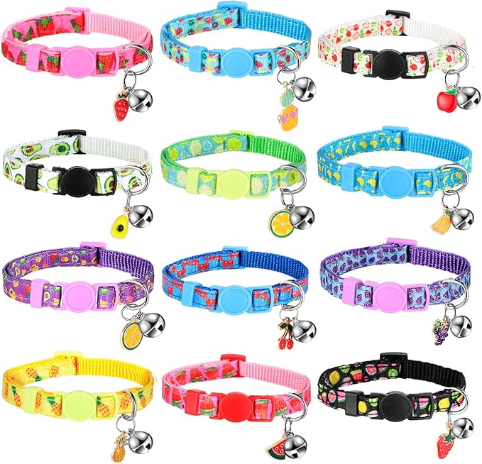 Frienda 12 Pcs Spring Summer Breakaway Cats Collars Girl Cat Safety Adjustable Collars with Bell and Summer Fruit Patterns Pendants Set for Pets Decoration(Medium)-PurrikoPets