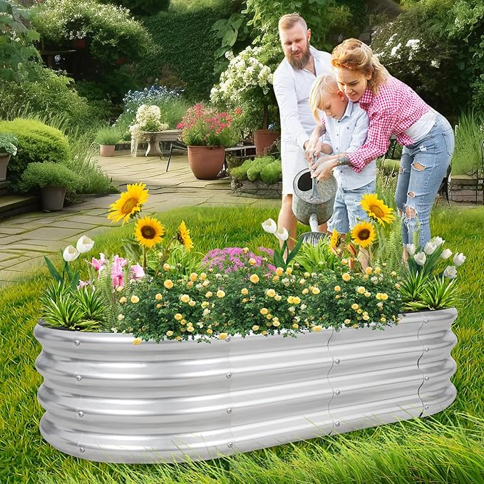 1MORE Galvanized Raised Garden Bed- Planter Garden Boxes Outdoor, Raised Beds for Gardening, 4x2x1ft Metal Garden Bed Kit for Vegetables Flower, Planter Raised Bed with Protective Tape & Tools.Silver-PurrikoPets