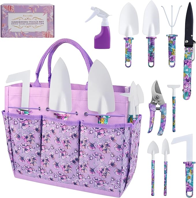 Gardening Tool Set 10-Piece, Heavy Duty Garden Tool Set with Purple Floral Tote Bag and Gift Box, Gardening Tools Kit with Ergonomic Non-Slip Handle, Ideal Gardening Gifts for Women Mom-PurrikoPets
