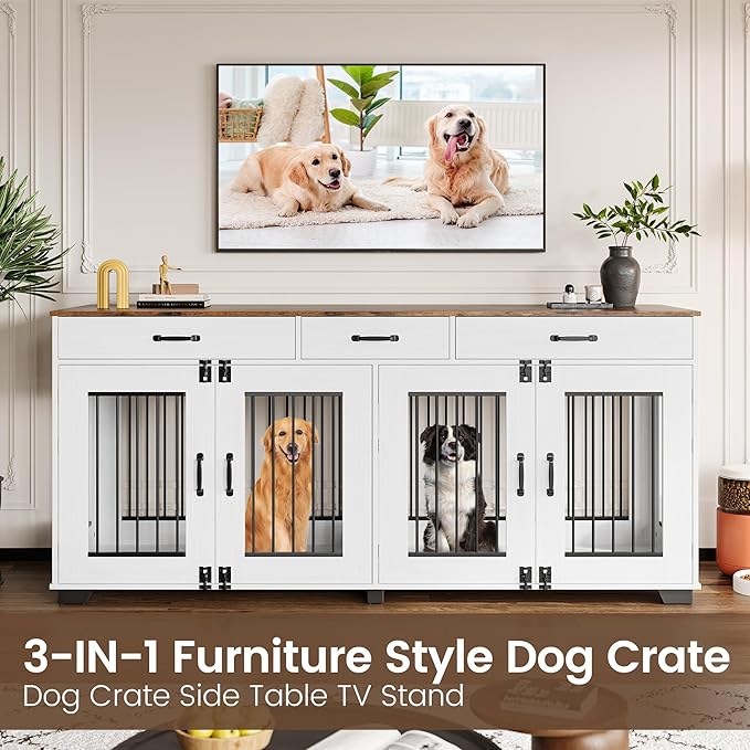 71 Inch Dog Crate Furniture for 2 Rooms, Wooden Double Crate Large Breed with Door, Dog Kennel Indoor, TV Stand End Table with Divider for Large Medium Dogs,White/Brown-PurrikoPets