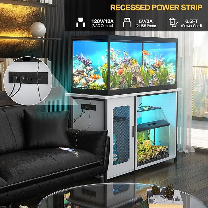 55-75 Gallon Fish Tank Stand with Power Outlets & LED Light, Reversible Heavy Duty Metal Aquarium Stand with Cabinet for Fish Tank Accessories Storage, Turtle/Reptile Terrariums, White-PurrikoPets