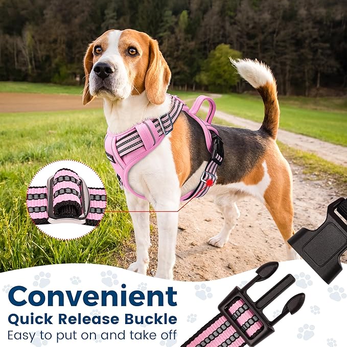 Funfox Dog Harness No Pull, Adjustable Pet Vest Harness, Super Soft Material with Vertical Handle Easy Control, Reflective Night Walking, 2 Leash Clips for Small Sized Dogs, Pink, S-PurrikoPets
