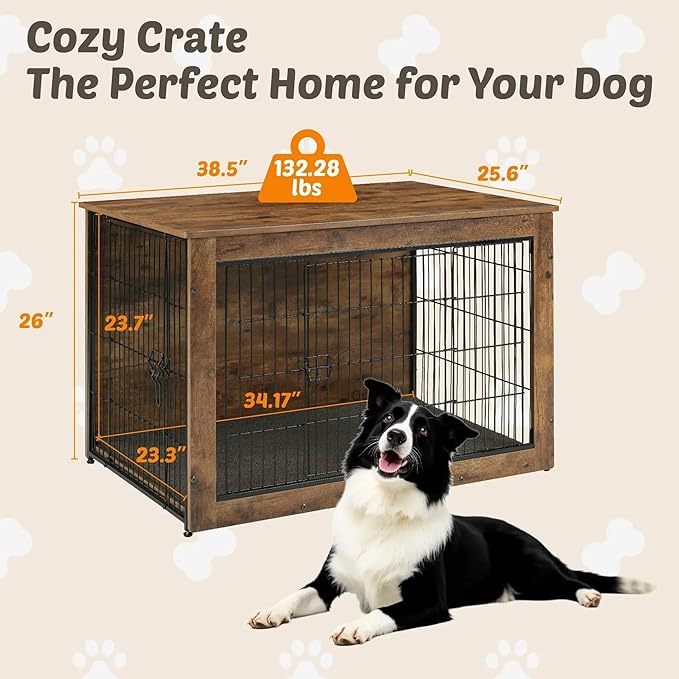 Dog Kennel Furniture, Wooden Dog Crate End Table, Heavy Duty Dog Crate, Decorative Pet Crate Dog Cage for Large Indoor Use (Rustic Brown) 39" L×26" W×27" H-PurrikoPets
