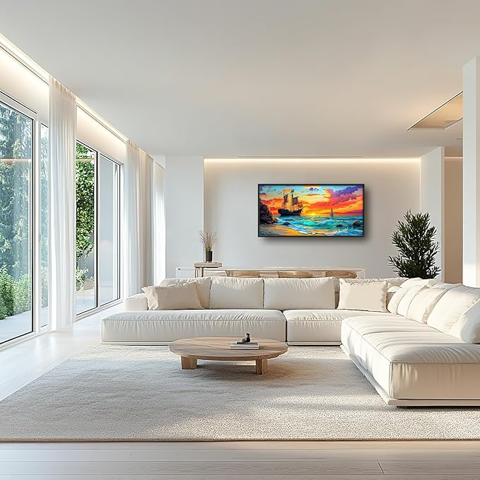 Framed Large Ship Wall Art for Living Room, Oversized Coastal Beach Boat Wall Decor Nautical Seascape Sailboat Canvas Painting Modern Artwork Home Decoration for Living Room Bedroom 60"x30"-PurrikoPets