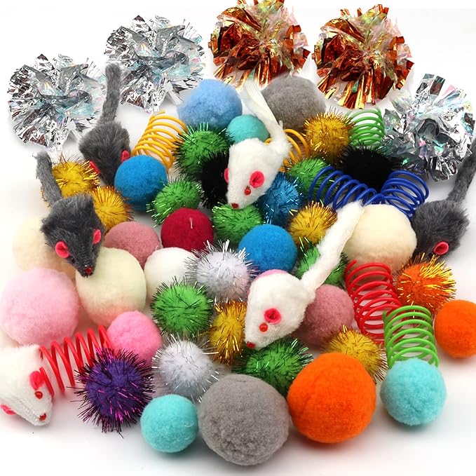 60 Pack Cat Toys - Assorted Kitten, Mouse, Crinkle & Pom Pom Balls-PurrikoPets