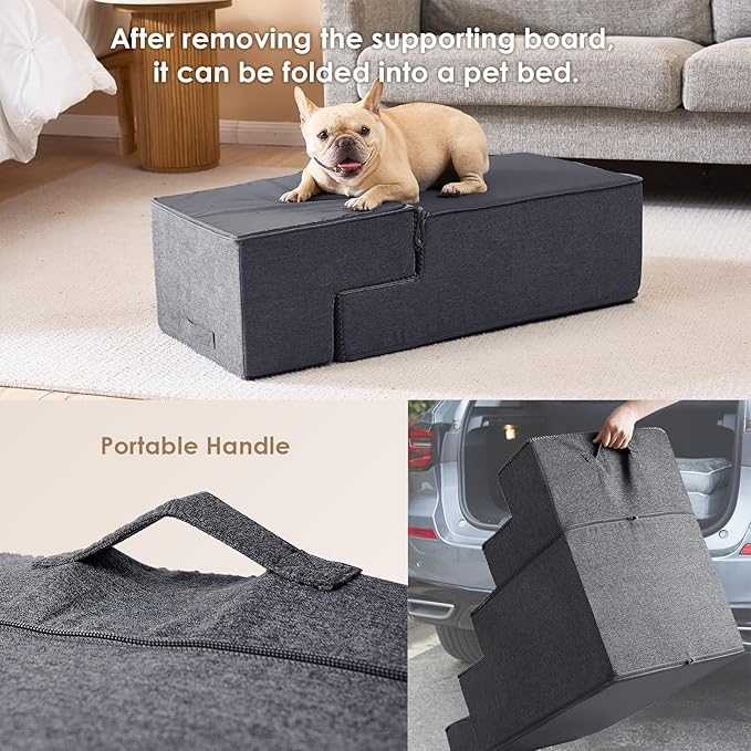 EHEYCIGA Dog Stairs for Bed 20" H, 4-Step Extra Wide Dog Steps for High Bed, Pet Steps for Small Dogs and Cats, Non-Slip Balanced Pet Ramp Indoor, Grey-PurrikoPets