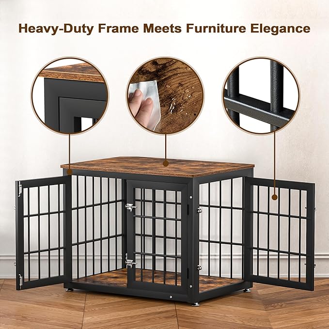 32 Inch Heavy Duty Dog Crate Furniture for Medium and Small Dogs, Decorative Pet House End Table, Wooden Cage Kennel Furniture Indoor, Rustic Brown-PurrikoPets