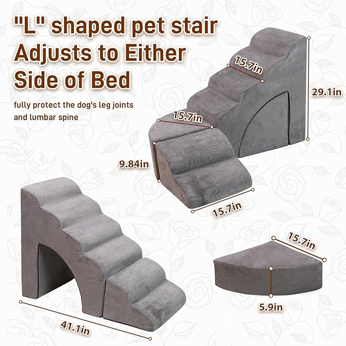 Foam Dog Stairs & Steps Ramps for High Beds 30 inches Tall for Small Dogs and Cats, LitaiL 6 Step Pet Stairs Steps for High Beds 30 inch Large Dogs, Non-Slip Dog Ramps for Older Cat-PurrikoPets