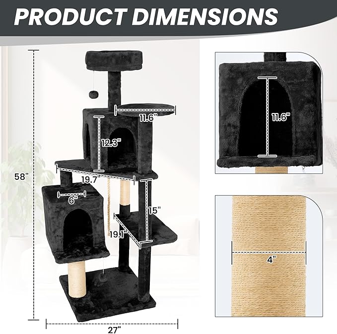59in Large Cat Tree Tower for Indoor Cats with Soft Plush Hang Ball, Two Condos, Sisal Scratch Posts & Rope Play for Kittens/Adult Cats, New Dark Grey-PurrikoPets