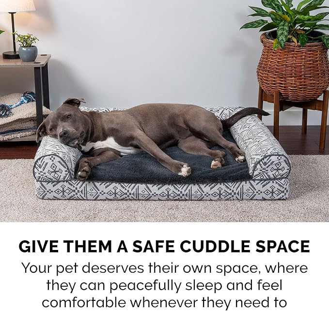 Furhaven Orthopedic Dog Bed for Large Dogs w/ Removable Bolsters & Washable Cover, For Dogs Up to 95 lbs - Plush & Southwest Kilim Woven Decor Sofa - Boulder Gray, Jumbo/XL-PurrikoPets