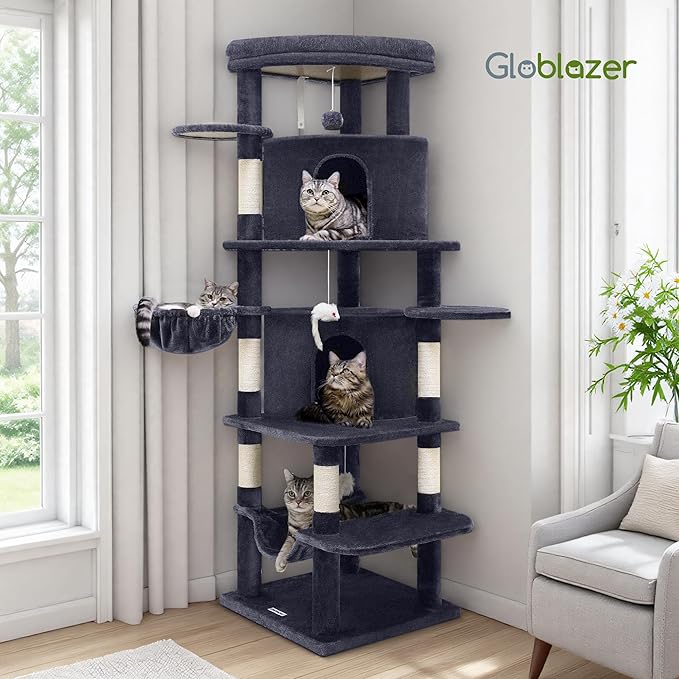 Globlazer Corner Cat Tree for Large Cats, 66inch Tall Curved Series Large Cat Tower for Multiple Indoor Cats with 6 Scratching Posts, 2 Spacious Cat Condos, Hammock, Hanging Basket, C66, Dark Grey-PurrikoPets