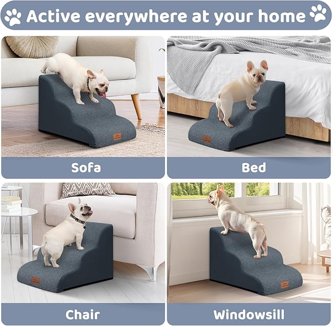 Dog Ramp and Stair for Bed 16" H-20 H,3-Step Cat Stair for Sofa and Chair,4-Step Dog Ramp for High Bed and Window,Durable Nonslip Fabric Cover for Indoor (Dark Grey-16 H, Pet Friendly, 3)-PurrikoPets