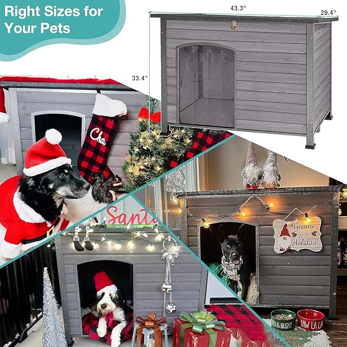 Feral Dog House Outdoor,Anti Bite Iron Frame Dog Kennel,Wood Warm Pets Home,Insulated Weatherproof Outside Shelter for Feral Animal (43.3" (L) x 29.4" (W) x 33.4" (H)-Grey-in)-PurrikoPets