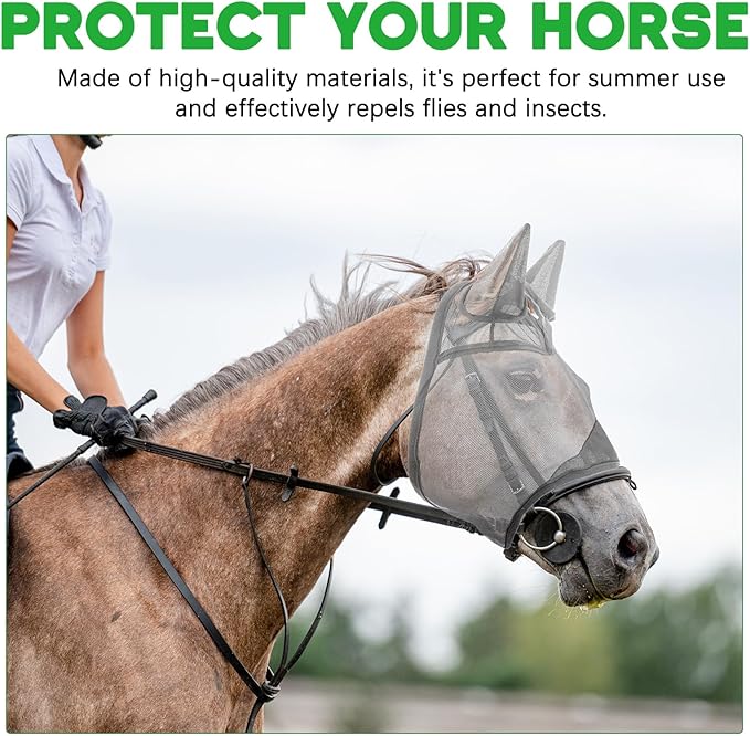 2 Pcs Horse Fly Mask with Ears Adjustable UV Protection Horse Fly Mask Accessories Large Eye Space with Ears for Horses Summer, Black and Gray, L-PurrikoPets
