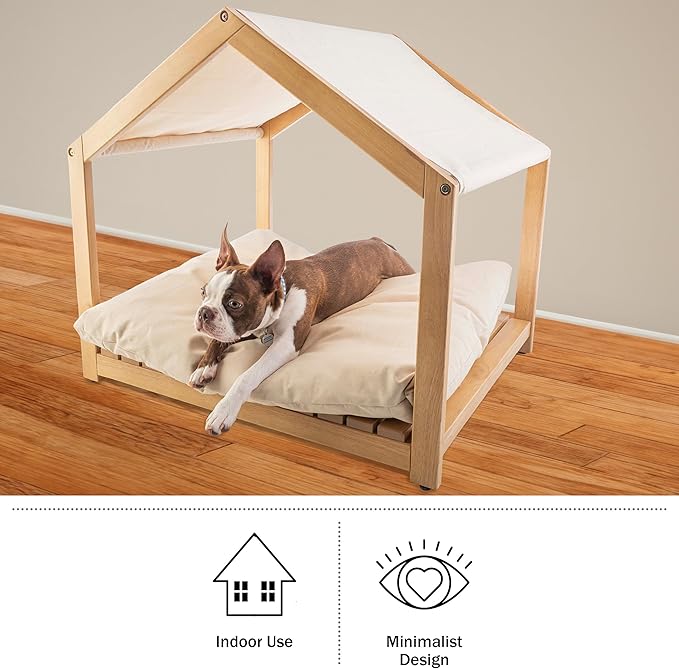 Dog House - 30x24-Inch Indoor Dog House with Soft Cushion and Adjustable Canopy - Wood Dog Furniture for Small to Medium Pets up to 70lbs by PETMAKER-PurrikoPets